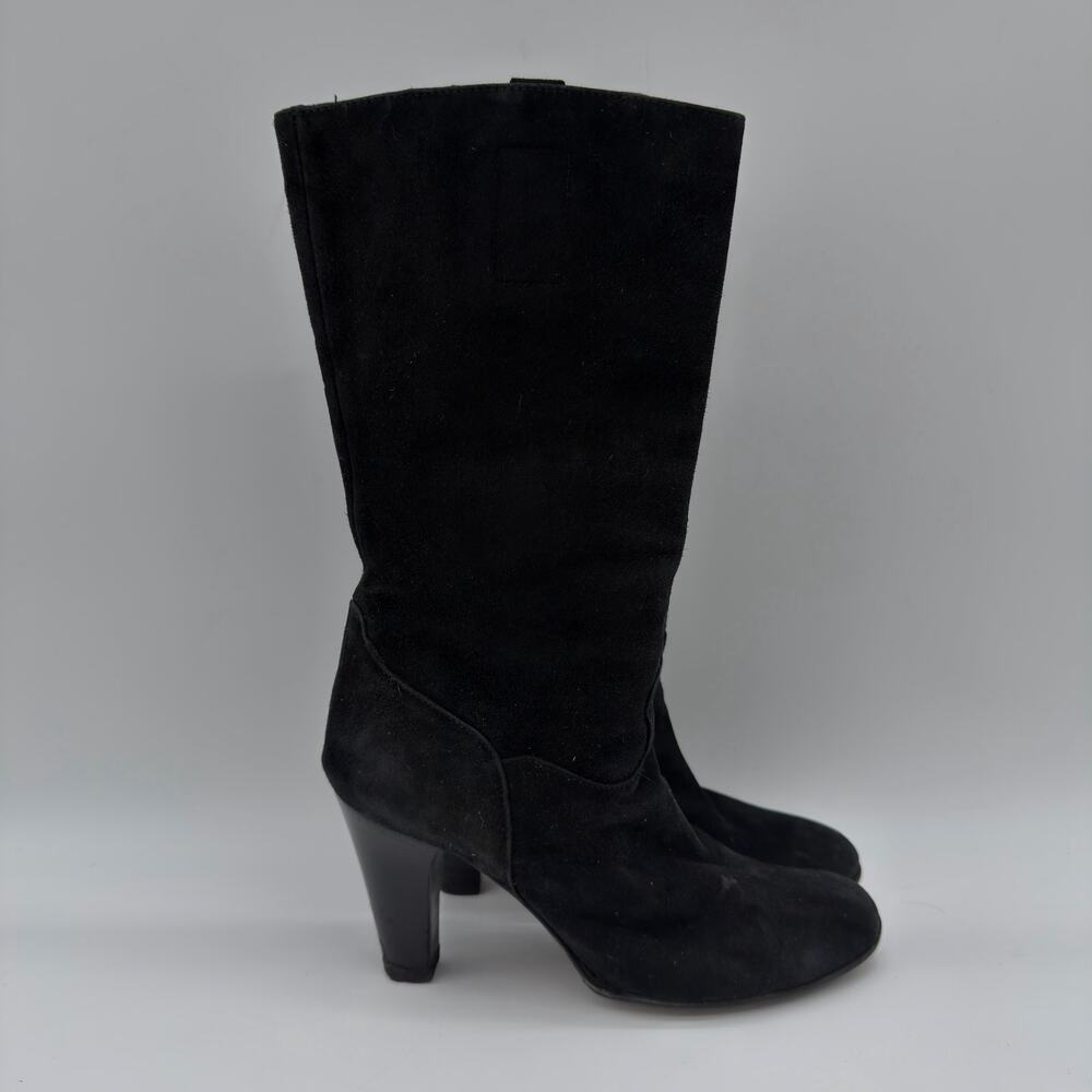 Poem Sz 39 Black Round Toe Suede Pull On Italy Mid Calf Length Elegant Boots